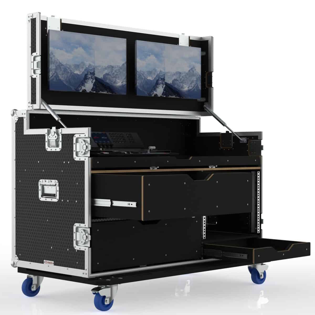Workstation Case With Gas Strut Supported Lid, Vesa Mounts For 2 Of 24” Monitors, Drawers And Rack