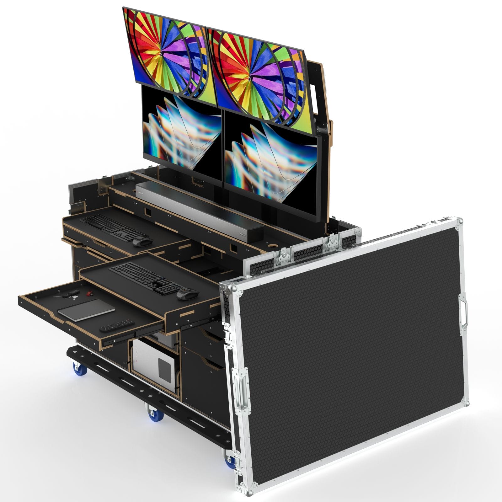 Workstation Flypack 3 Case With Built In Motorized Lift And Mount For 4 Of 32” Monior