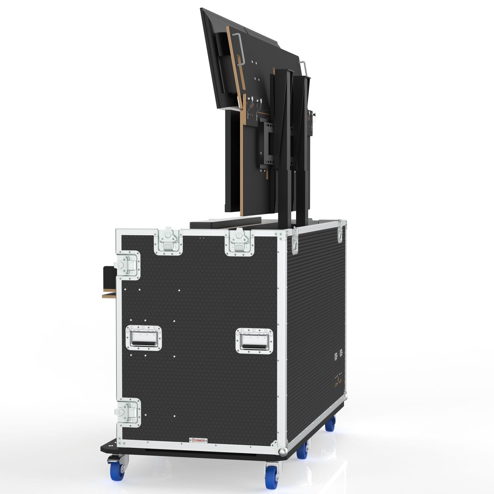 Workstation Flypack 3 Case With Built In Motorized Lift And Mount For 4 Of 32” Monior
