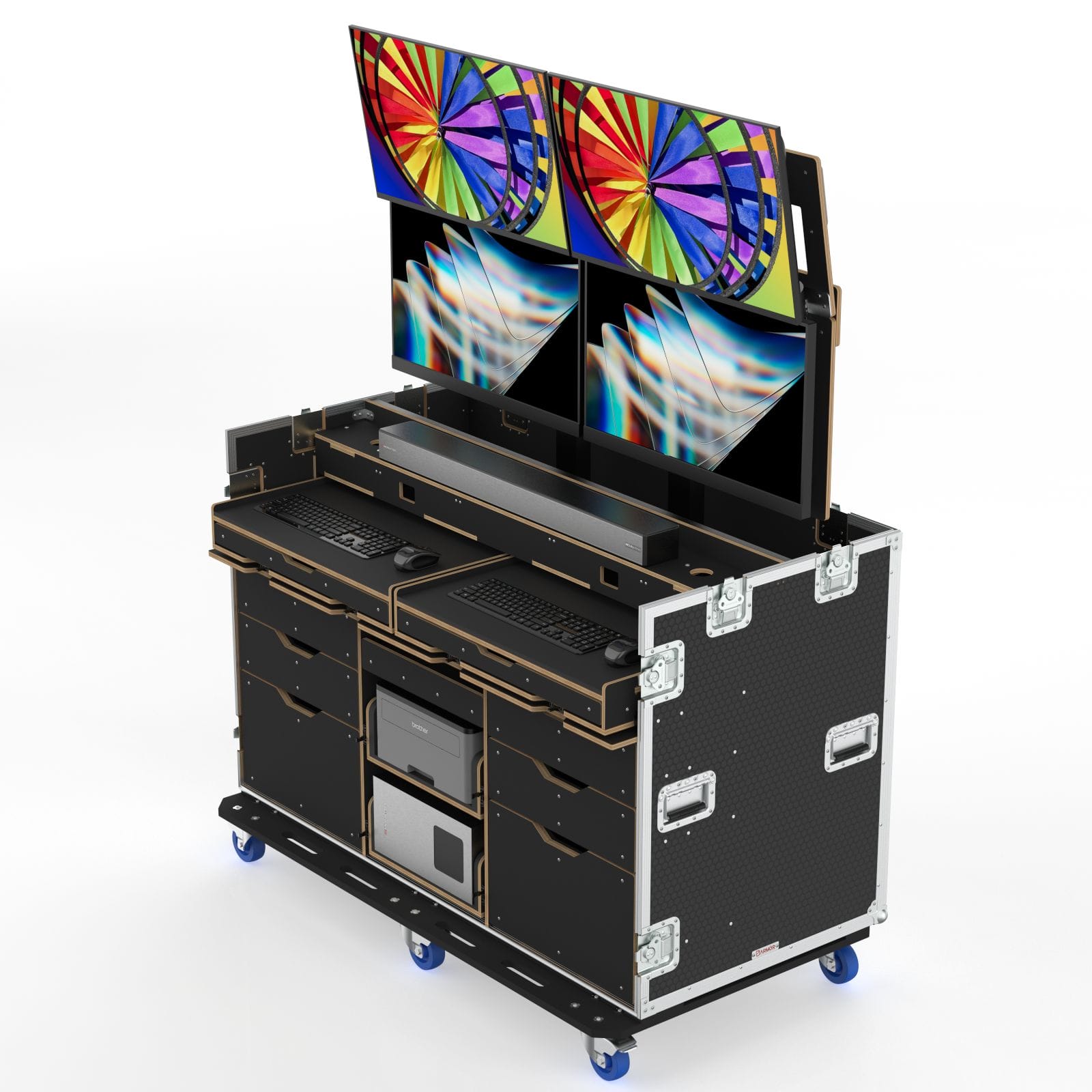 Workstation Flypack 3 Case With Built In Motorized Lift And Mount For 4 Of 32” Monior