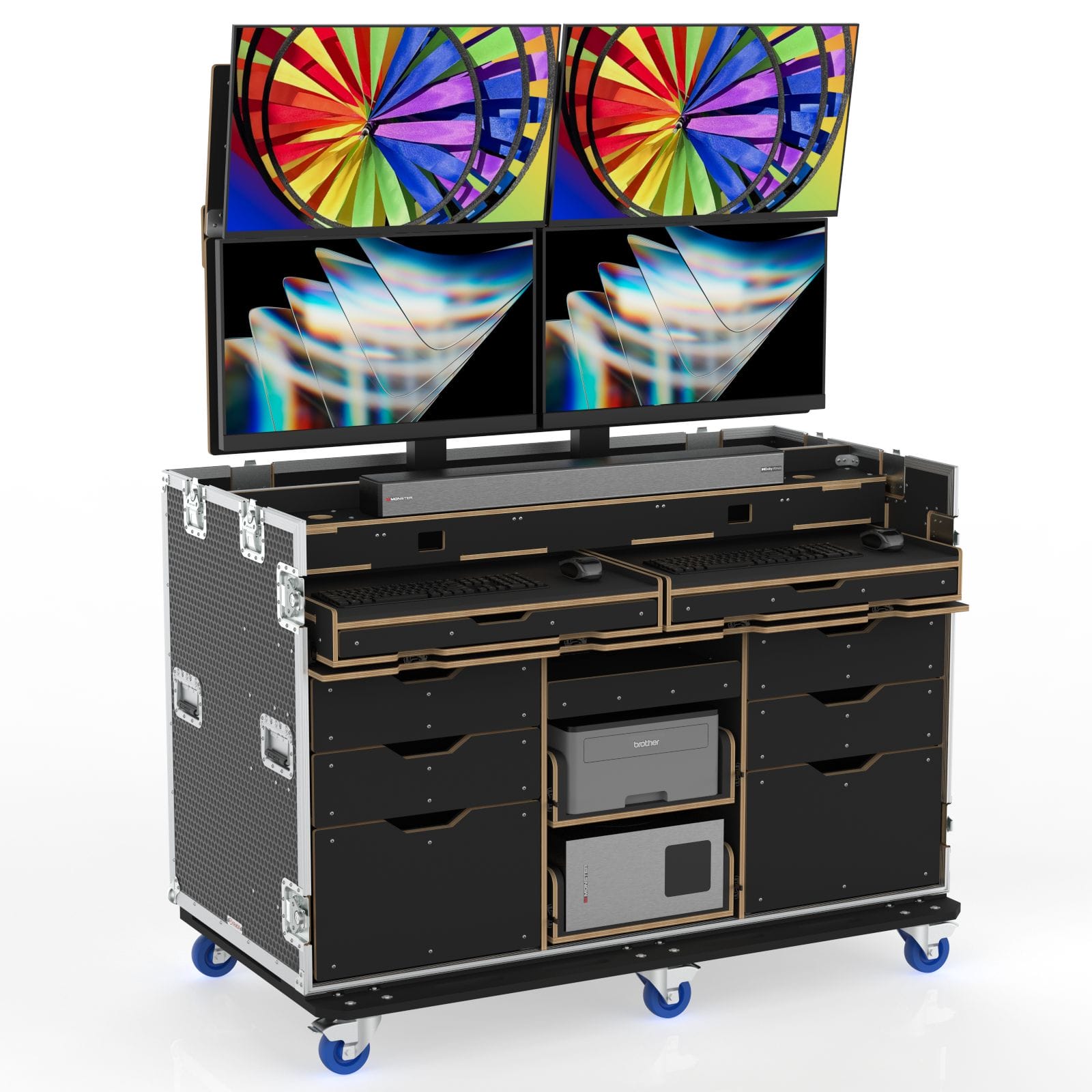 Workstation Flypack 3 Case With Built In Motorized Lift And Mount For 4 Of 32” Monior