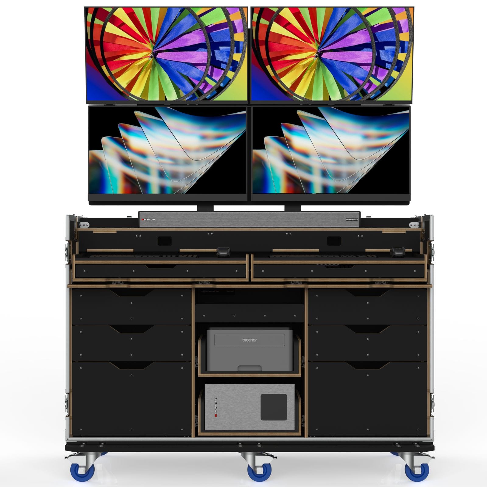 Workstation Flypack 3 Case With Built In Motorized Lift And Mount For 4 Of 32” Monior
