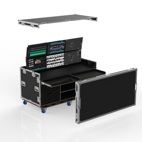 VISION PRODUCTION FLYPACK WORK STATION ROAD CASE WITH MOTORIZED LIFT FOR 6 MONITORS, PULL OUT TRAYS
