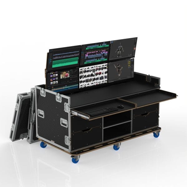 VISION PRODUCTION FLYPACK WORK STATION ROAD CASE WITH MOTORIZED LIFT FOR 6 MONITORS, PULL OUT TRAYS