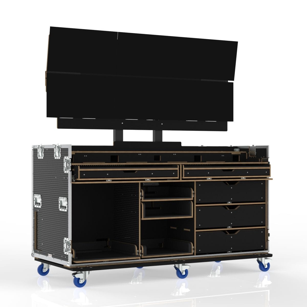 Vision Production Flypack Workstation Road Case With Motorized Lift For 6 Of 27&Quot; Monitors, 8 Drawers